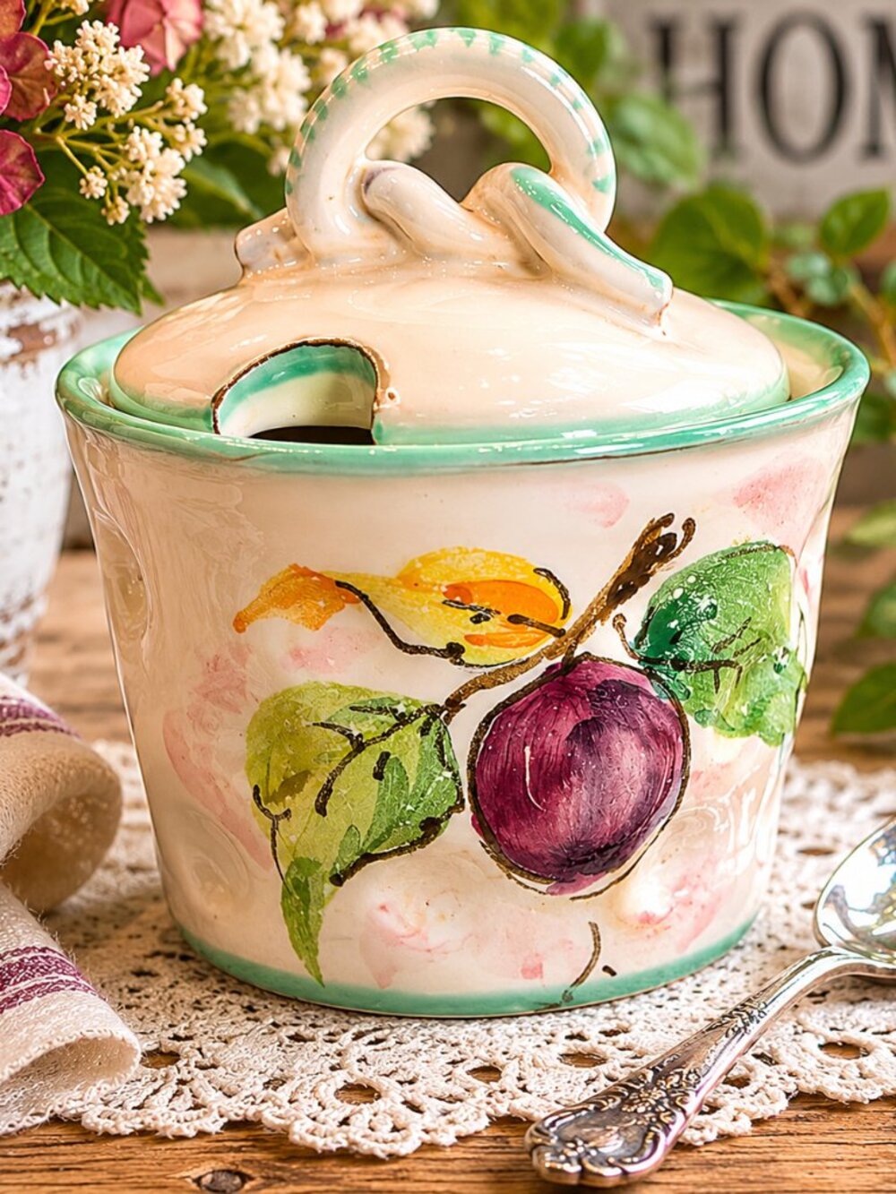 Vintage Sugar Bowl or Jam Jar Hand Painted Italy